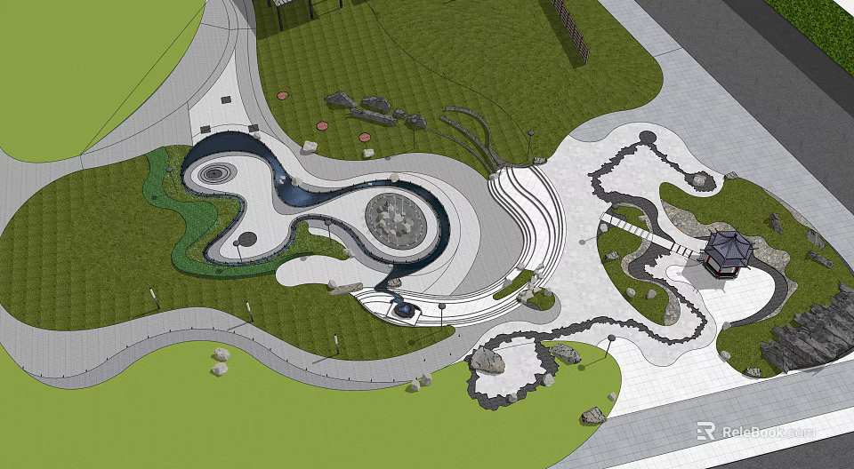 Garden Landscape Design With Winding Pathways Green Lawns Water Features And Stone Decorations 3d model 