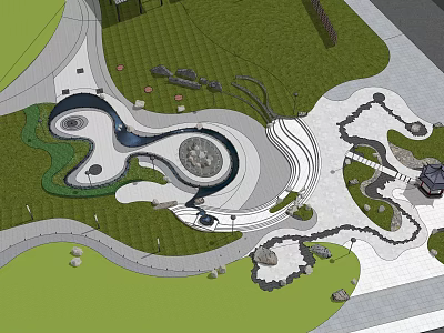 Garden Landscape Design With Winding Pathways Green Lawns Water Features And Stone Decorations 3d model