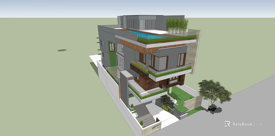 Modern Detached Villa With Rooftop Pool Multi Level Structure And Green Plants 3d model 