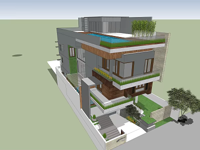 Modern Detached Villa With Rooftop Pool Multi Level Structure And Green Plants 3d model