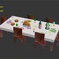 Dining Table Setup With Roasted Chicken Green Bottle Cutlery And Wooden Chairs