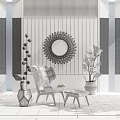 Modern Gray Accent Chair With Wooden Frame Ottoman Sunburst Mirror And Floor Lamp