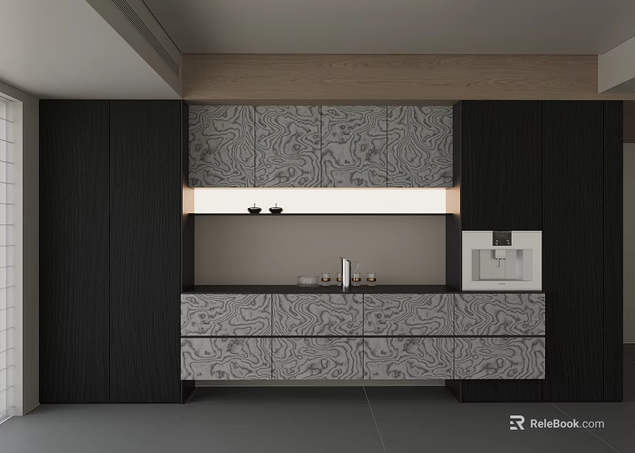 Modern Dark Sideboard With Textured Panels Storage Cabinets And Countertop Appliance 3d model 