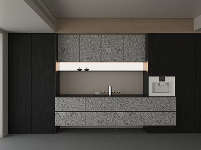 Modern Dark Sideboard With Textured Panels Storage Cabinets And Countertop Appliance 3d model