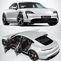 Porsche Taycan Silver Four Door Car With Sleek Design Black Wheels And Yellow Brake Calipers