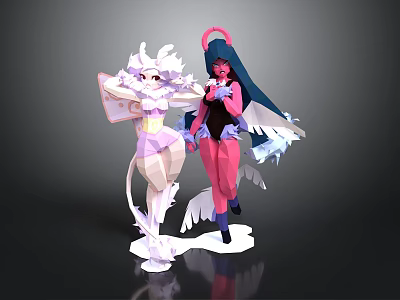 Anime Style Female Characters In Pink Outfits With White Dark Hair Wings And Flowing Decorations 3d model