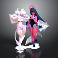 Anime Style Female Characters In Pink Outfits With White Dark Hair Wings And Flowing Decorations
