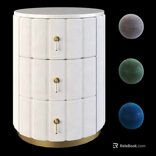 White Modern Nightstand With Three Drawers Gold Handles And Gray Green Blue Decorative Balls 3d model 