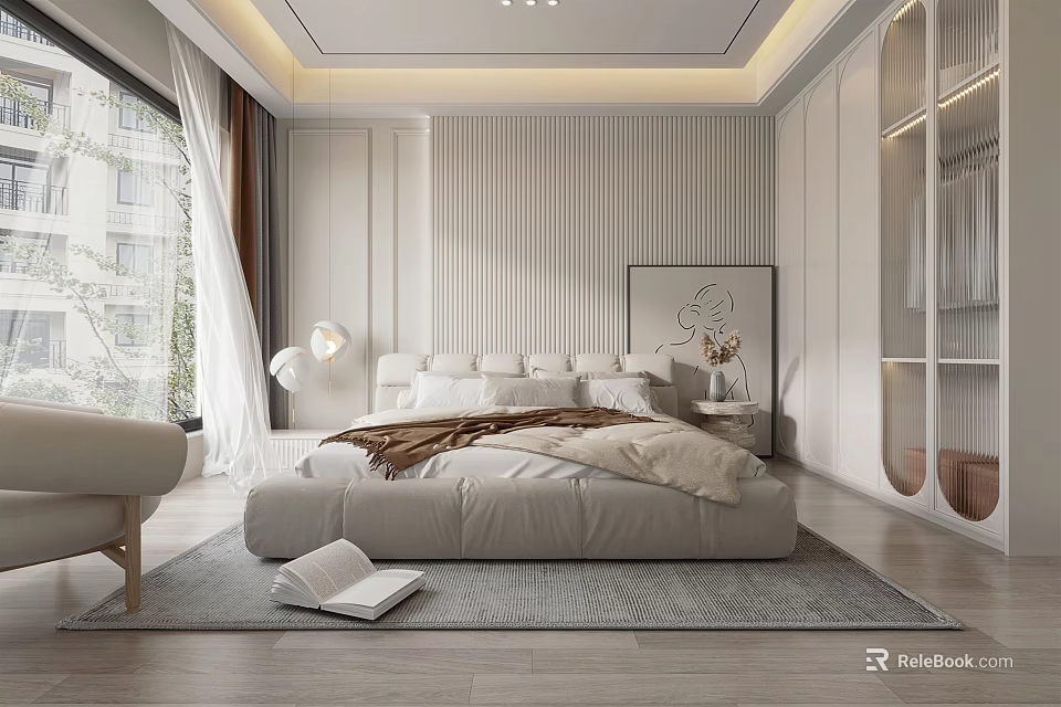 Modern Bedroom Interior Design With Large Bed Framed Artwork Area Rug And Armchair 3d model 