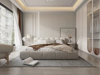 Modern Bedroom Interior Design With Large Bed Framed Artwork Area Rug And Armchair 3d model