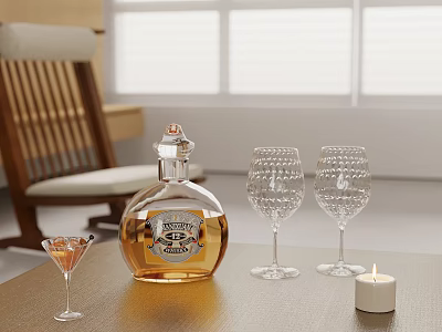 Elegant Cognac Bottle With Crystal Glasses Cocktail Glass And Candle On Wooden Table 3d model