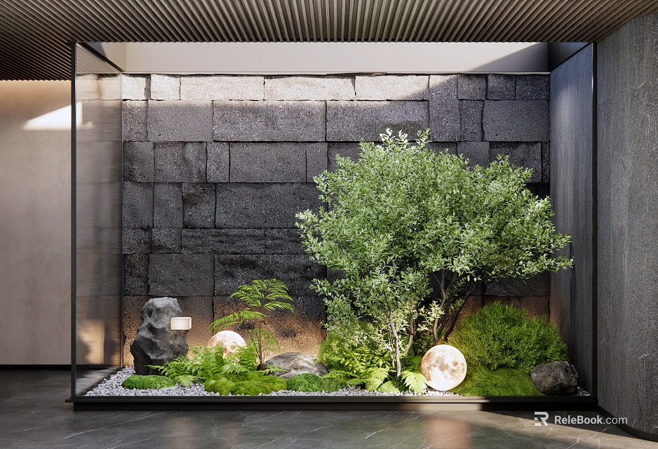 Natural Indoor Landscape With Stone Wall Green Plants And Round Lights 3d model 