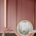 Modern Dressing Table with Round Mirror on Pink Wall and Decorative Items 3d model