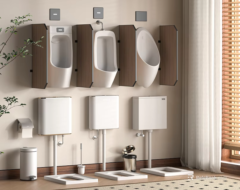 Modern Bathroom Toilet With White Ceramic Urinals And Wooden Partitions And Essential Bathroom Accessories 3d model 