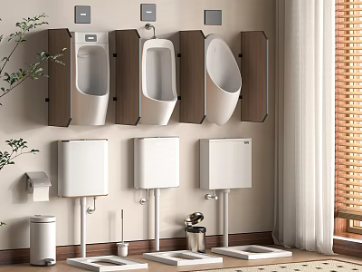 Modern Bathroom Toilet With White Ceramic Urinals And Wooden Partitions And Essential Bathroom Accessories 3d model