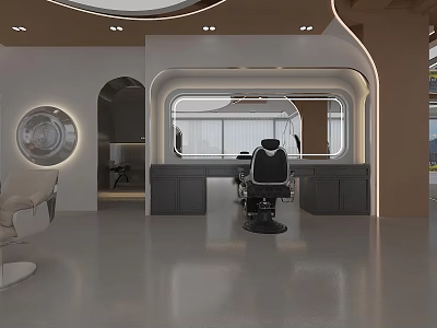 Modern Beauty Salon Interior Design With Round Mirror Curved Light Strip And Gray Counter 3d model