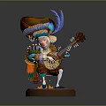 Fantasy Character In Elaborate Costume With Feathered Creature Playing Lute On Checkerboard Base