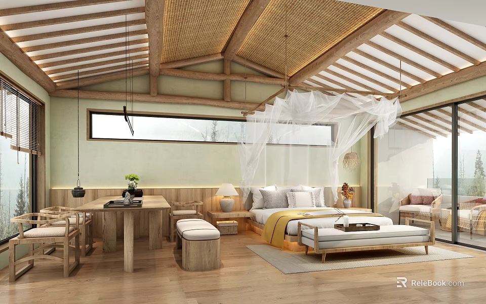 Hotel Guest Room Interior With Wooden Ceiling Rattan Design And White Canopy Bed 3d model 