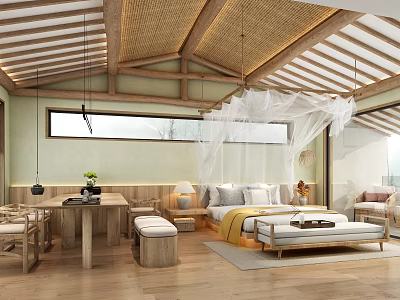 Hotel Guest Room Interior With Wooden Ceiling Rattan Design And White Canopy Bed 3d model