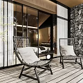 Modern Hotel Room Interior With Wooden Ceiling Stone Wall Large Windows TV Desk And Bed