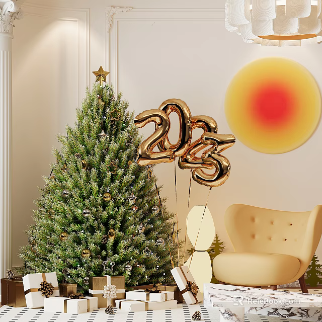 Hotel Lobby Christmas Decor With Green Tree 2023 Balloons And Yellow Chair 3d model 