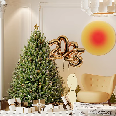Hotel Lobby Christmas Decor With Green Tree 2023 Balloons And Yellow Chair 3d model