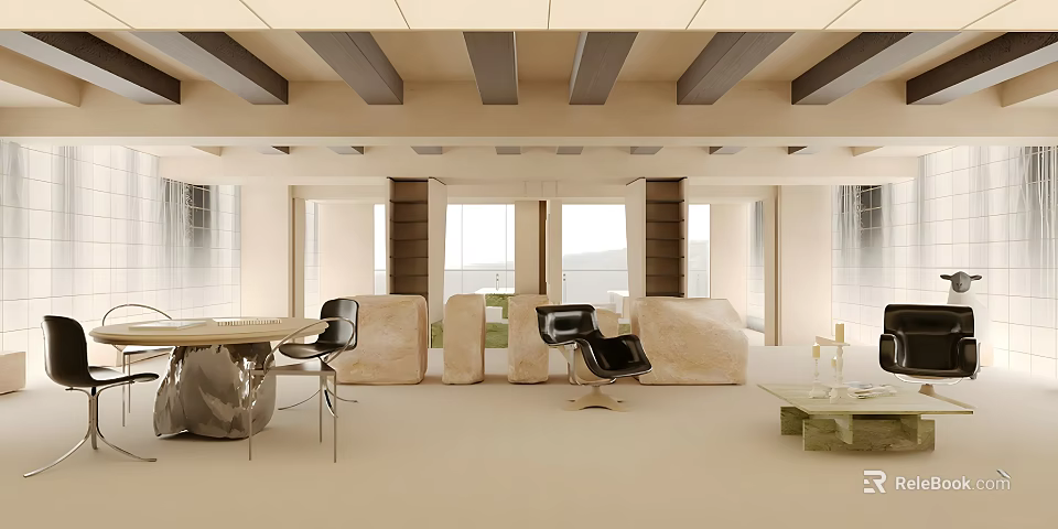 Modern Store Interior Design With Stone Elements Black Chairs Open Layout And Large Windows 3d model