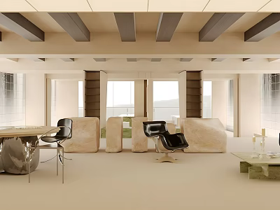 Modern Store Interior Design With Stone Elements Black Chairs Open Layout And Large Windows 3d model