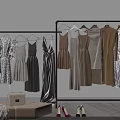 Women's Neutral Toned Clothes on Double Clothing Racks with Beige Stool Handbag Scarf and Shoes