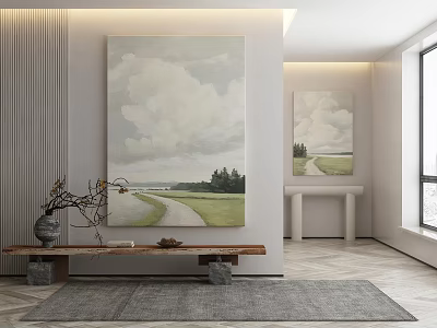Modern Interior With Large Cloudy Sky Painting Path Small Artwork Bench Vase And Gray Rug 3d model