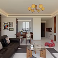 Modern Living Dining Room Interior With Sofa Coffee Table Chandelier Bookshelf Rug And Dining Chairs
