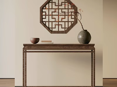 Traditional Chinese Decorative Arrangement With Octagonal Lattice Vase Wooden Table Bowl And Book 3d model