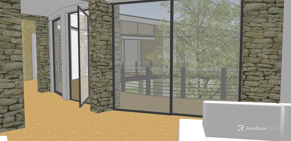 Modern Residential Building with Glass Windows Stone Wall Balcony Railings and Trees 3d model 