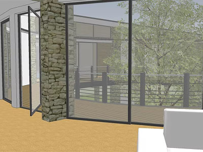 Modern Residential Building with Glass Windows Stone Wall Balcony Railings and Trees 3d model
