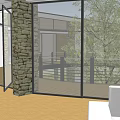 Modern Residential Building with Glass Windows Stone Wall Balcony Railings and Trees