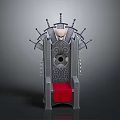 Ornate Metal Throne Chair With Red Cushion Swords Carvings And Chains