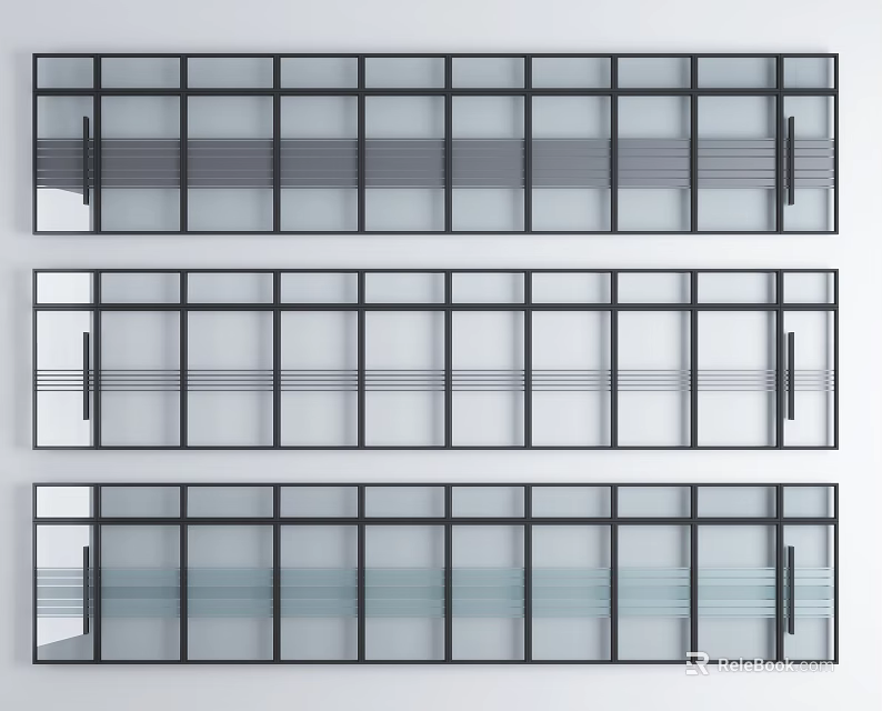 Modern Glass Partition Interior Design With Black Frames And Horizontal Stripes 3d model 