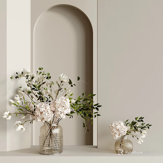 Two Transparent Glass Vases With White Flowers Green Leaves On Light Gray Wall Arch Niche 3d model 