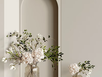 Two Transparent Glass Vases With White Flowers Green Leaves On Light Gray Wall Arch Niche 3d model