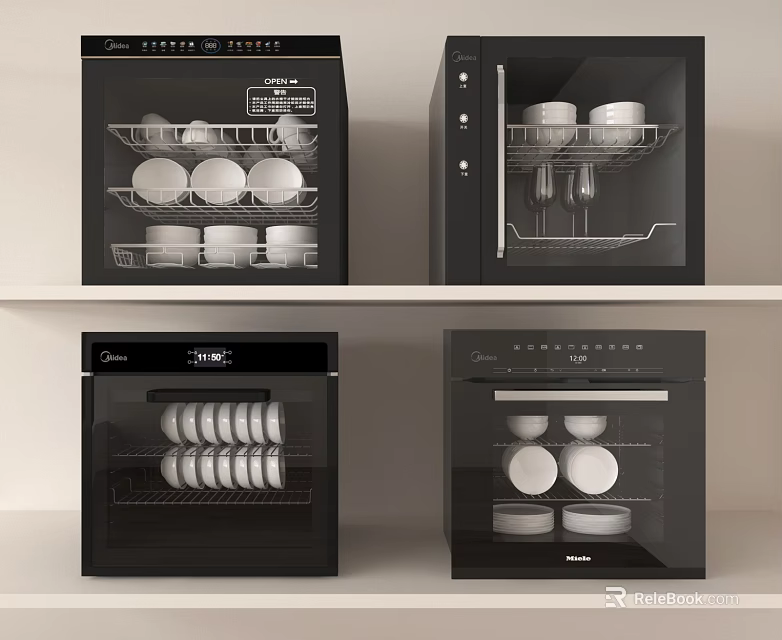 Modern Kitchen Appliances Electric Sterilizers with Dishes and Bowls on Shelves 3d model 