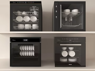Modern Kitchen Appliances Electric Sterilizers with Dishes and Bowls on Shelves 3d model