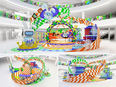 Vibrant Photo Check-in Spot With Colorful Striped Arch And Interactive Decorative Structures 3d model