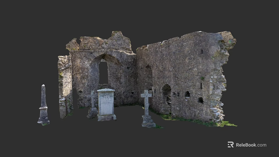 Ancient Urban Architectural Complex Ruins With Stone Walls Arched Windows And Gravestones 3d model 