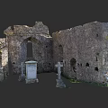 Ancient Urban Architectural Complex Ruins With Stone Walls Arched Windows And Gravestones