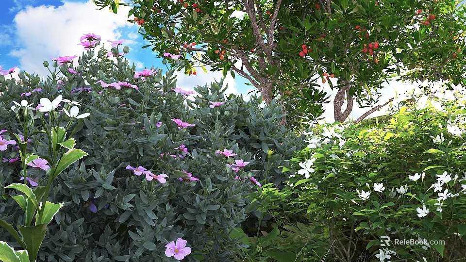 Vibrant Shrub With Purple Flowers And Lush Green Foliage In Sunlit Garden 3d model 