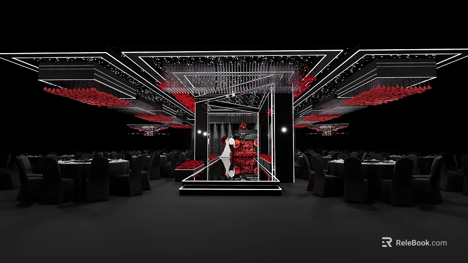 Luxurious Modern Banquet Hall Interior With Red Chandeliers Dining Tables And Chairs 3d model 