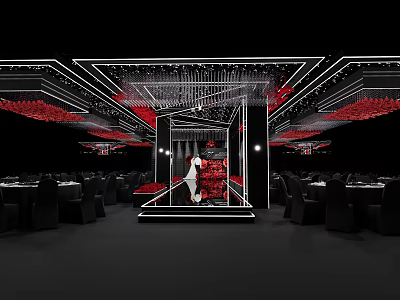 Luxurious Modern Banquet Hall Interior With Red Chandeliers Dining Tables And Chairs 3d model