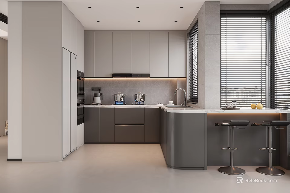 Modern Gray Kitchen Interior With Sleek Cabinets Island Counter Appliances Window And Bar Stools 3d model 