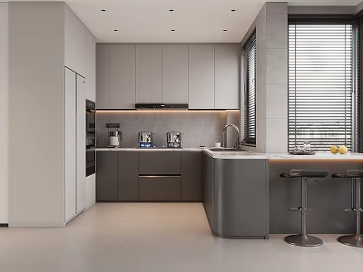 Modern Gray Kitchen Interior With Sleek Cabinets Island Counter Appliances Window And Bar Stools 3d model