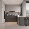 Modern Gray Kitchen Interior With Sleek Cabinets Island Counter Appliances Window And Bar Stools